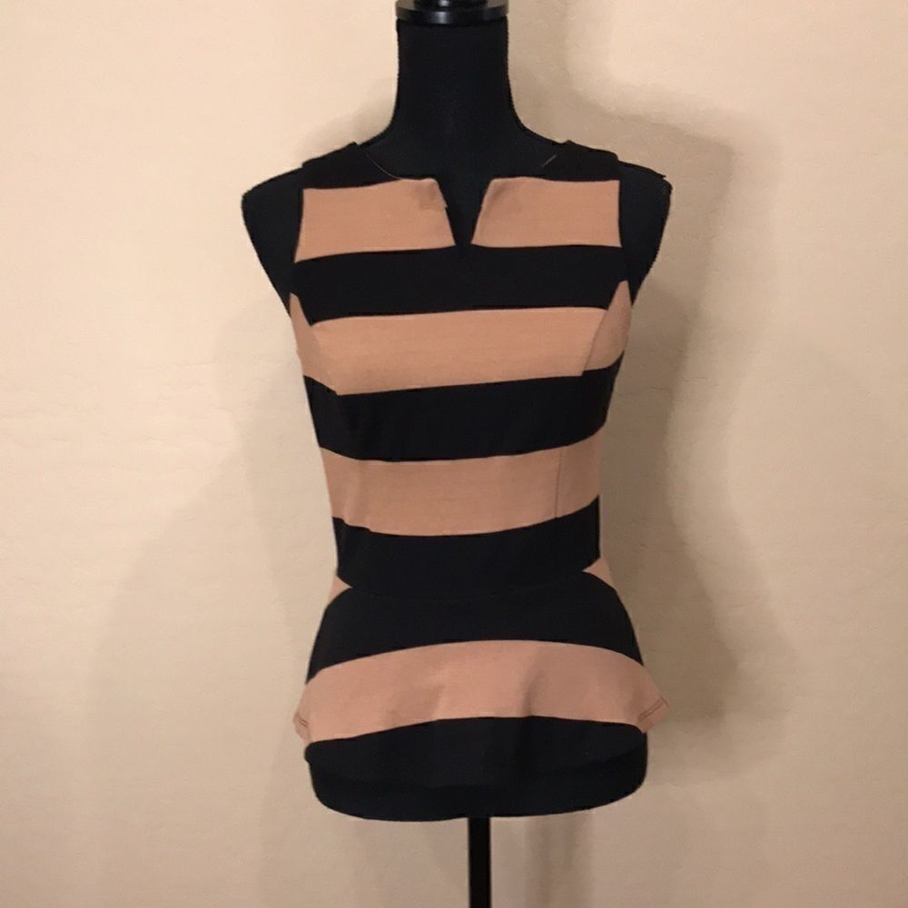 Tinley Road Brand Sleeveless Notch Neck Knit Top, Black and Tan Striped